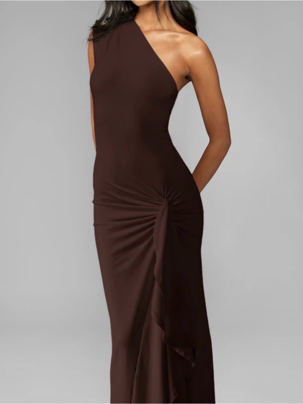 One-Shoulder Brown Ruched Evening Dress